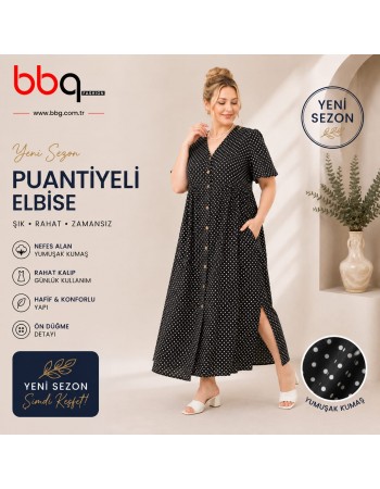BAYAN BÜYÜK BEDEN GENİŞ KALIP ÖNÜ DÜĞMELİ PUANTİYELİ UZUN ELBİSE-S