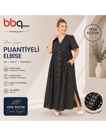 BAYAN BÜYÜK BEDEN GENİŞ KALIP ÖNÜ DÜĞMELİ PUANTİYELİ UZUN ELBİSE-S