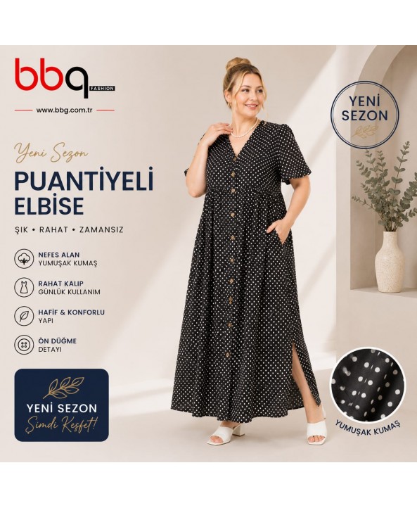 BAYAN BÜYÜK BEDEN GENİŞ KALIP ÖNÜ DÜĞMELİ PUANTİYELİ UZUN ELBİSE-S