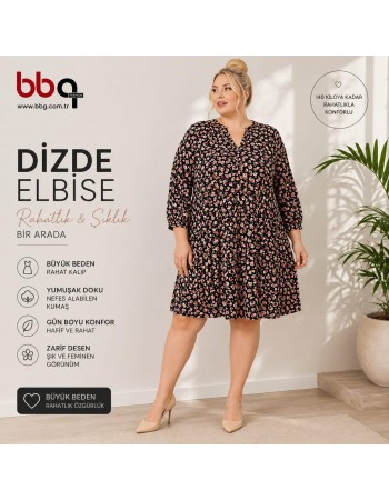 BAYAN BÜYÜK BEDEN GENİŞ KALIP DİZDE ELBİSE