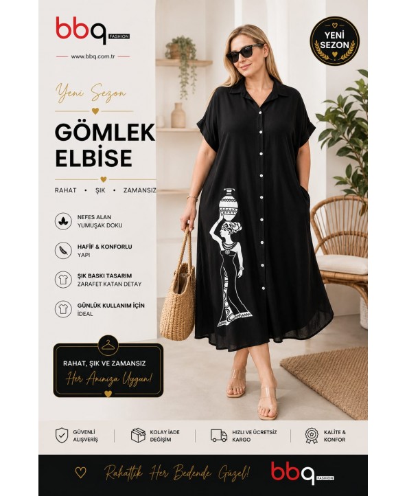 BAYAN BÜYÜK BEDEN GENİŞ KALIP KISA KOLLU GÖMLEK  ELBİSE