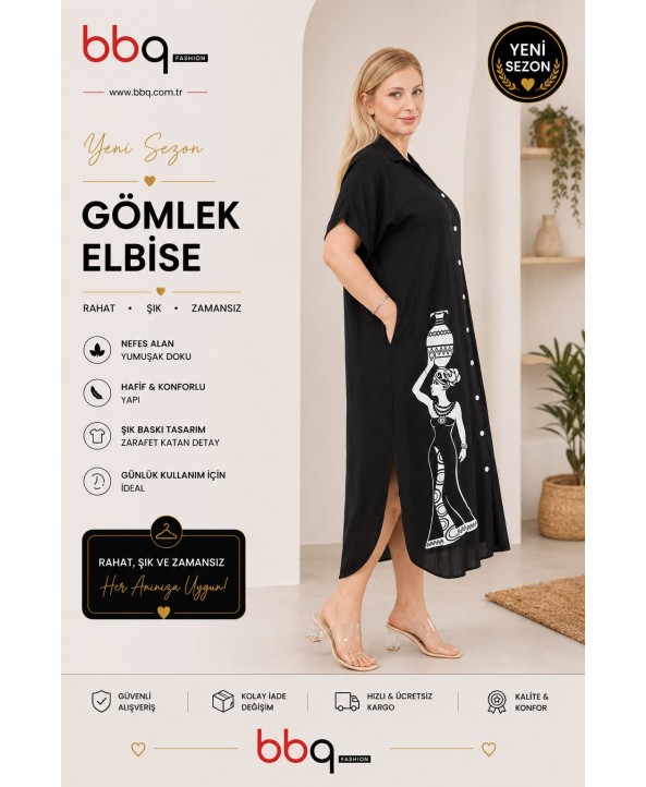 BAYAN BÜYÜK BEDEN GENİŞ KALIP KISA KOLLU GÖMLEK  ELBİSE