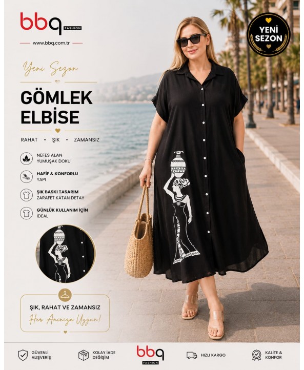 BAYAN BÜYÜK BEDEN GENİŞ KALIP KISA KOLLU GÖMLEK  ELBİSE