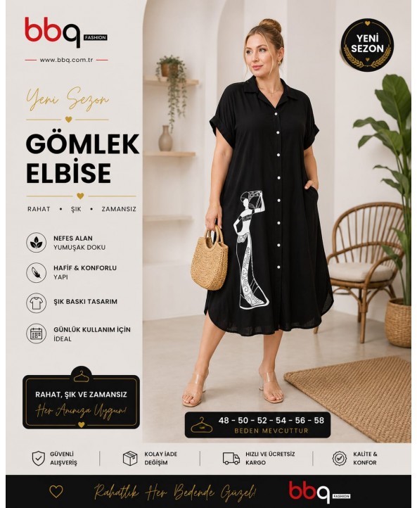 BAYAN BÜYÜK BEDEN GENİŞ KALIP KISA KOL ELBİSE-S