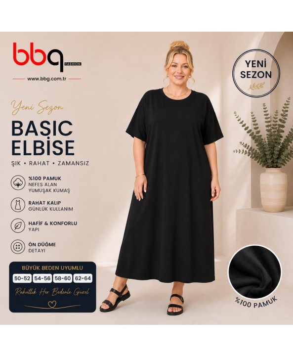 BAYAN BÜYÜK BEDEN GENİŞ KALIP BASİC ELBİSE
