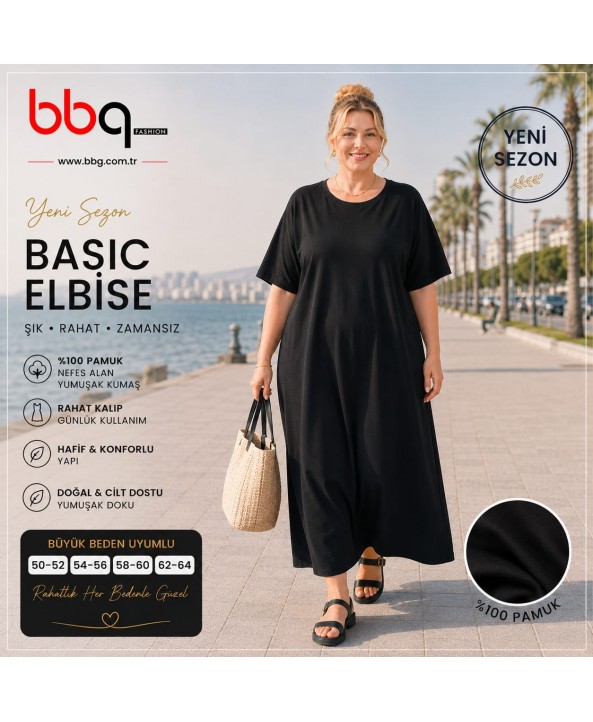 BAYAN BÜYÜK BEDEN GENİŞ KALIP BASİC ELBİSE