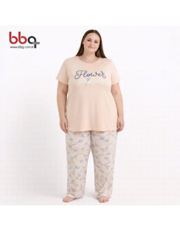 BAYAN BÜYÜK BEDEN GENİŞ KALIP PAMUK VİSCON YUVARLAK YAKA PİJAMA TAKIMI