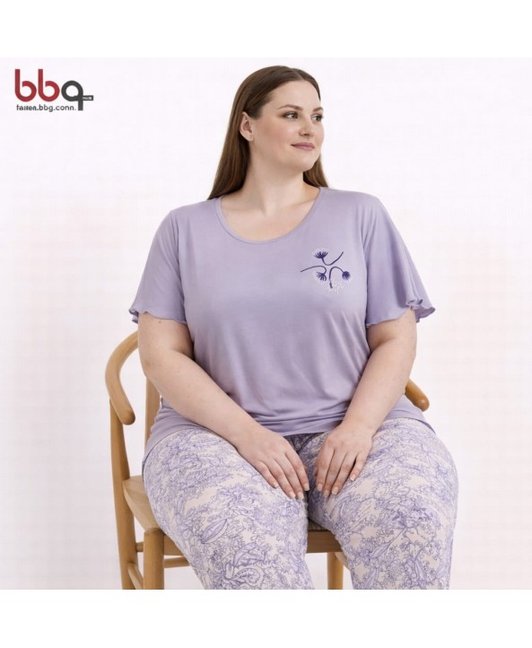 BAYAN BÜYÜK BEDEN GENİŞ KALIP PAMUK VİSCON YUVARLAK YAKA PİJAMA TAKIMI-L