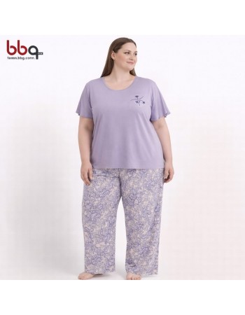 BAYAN BÜYÜK BEDEN GENİŞ KALIP PAMUK VİSCON YUVARLAK YAKA PİJAMA TAKIMI-L