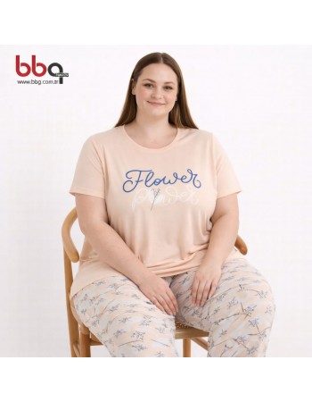 BAYAN BÜYÜK BEDEN GENİŞ KALIP PAMUK VİSCON YUVARLAK YAKA PİJAMA TAKIMI