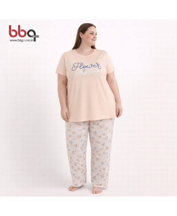 BAYAN BÜYÜK BEDEN GENİŞ KALIP PAMUK VİSCON YUVARLAK YAKA PİJAMA TAKIMI