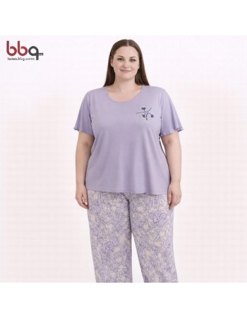 BAYAN BÜYÜK BEDEN GENİŞ KALIP PAMUK VİSCON YUVARLAK YAKA PİJAMA TAKIMI-L