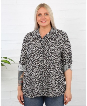 BAYAN BÜYÜK BEDEN GENİŞ KALIP HAKİ DESENLİ PAMUK VİSCON GÖMLEK