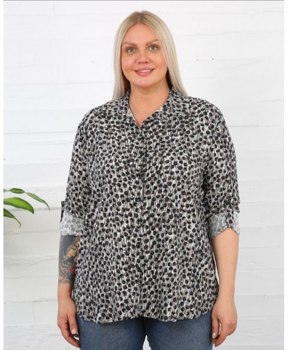 BAYAN BÜYÜK BEDEN GENİŞ KALIP HAKİ DESENLİ PAMUK VİSCON GÖMLEK