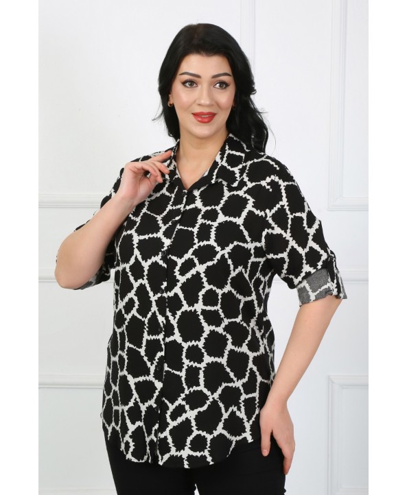 BAYAN BÜYÜK BEDEN SİYAH DESENLİ PAMUK VİSCON GÖMLEK