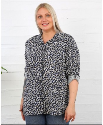 BAYAN BÜYÜK BEDEN GENİŞ KALIP LACİVERT DESENLİ PAMUK VİSCON GÖMLEK