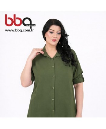 BAYAN BÜYÜK BEDEN GENİŞ KALIP PAMUK VİSCON DÜZ YEŞİL GÖMLEK