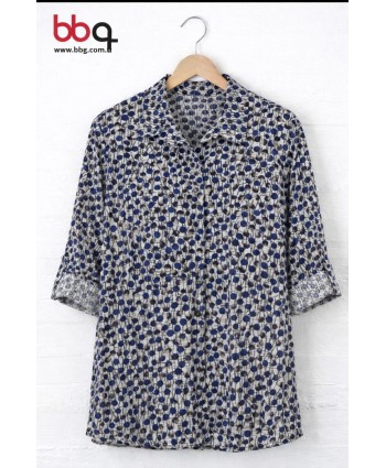 BAYAN BÜYÜK BEDEN GENİŞ KALIP LACİVERT DESENLİ PAMUK VİSCON GÖMLEK