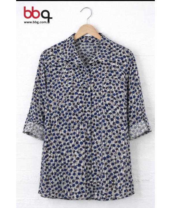 BAYAN BÜYÜK BEDEN GENİŞ KALIP LACİVERT DESENLİ PAMUK VİSCON GÖMLEK