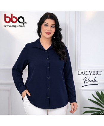 BAYAN BÜYÜK BEDEN GENİŞ KALIP PAMUK VİSCON DÜZ  LACİVERT GÖMLEK