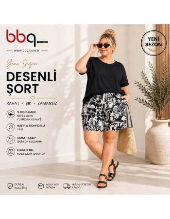BAYAN BÜYÜK BEDEN GENİŞ KALIP BELİ LASTİKLİ DESENLİ ŞORT