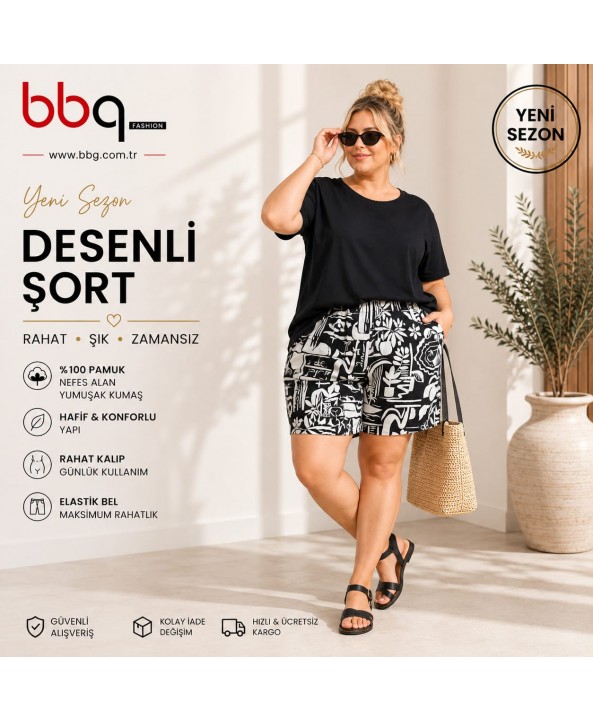 BAYAN BÜYÜK BEDEN GENİŞ KALIP BELİ LASTİKLİ DESENLİ ŞORT