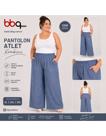 BAYAN BÜYÜK BEDEN GENİŞ KALIP BELİ LASTİKLİ PANTOLON.M