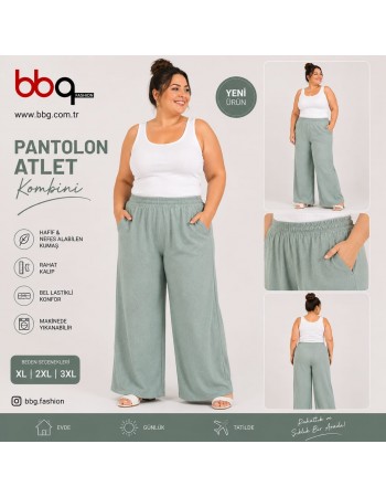 BAYAN BÜYÜK BEDEN GENİŞ KALIP BELİ LASTİKLİ PANTOLON.Y