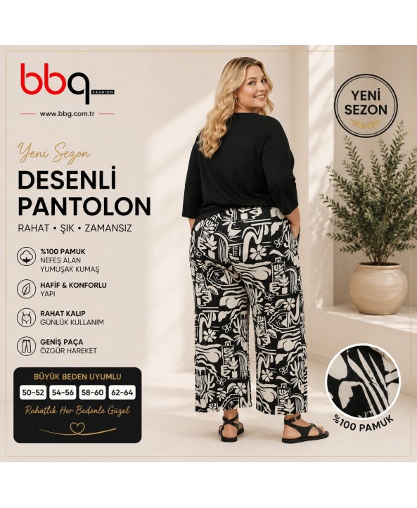 BAYAN BÜYÜK BEDEN GENİŞ KALIP %100 PAMUK DESENLİ PANTOLON