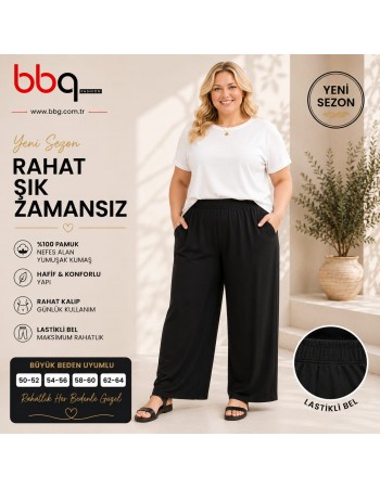 BAYAN BÜYÜK BEDEN GENİŞ KALIP SİYAH GENİŞ PAÇA PAMUKLU PANTOLON