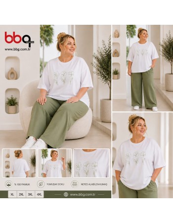 BAYAN BÜYÜK BEDEN ÇİÇEK DESENLİ BEYAZ T-SHIRT