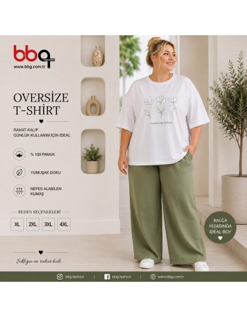 BAYAN BÜYÜK BEDEN ÇİÇEK DESENLİ BEYAZ T-SHIRT