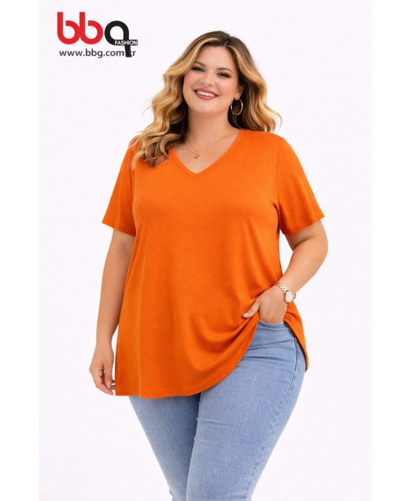 BAYAN BÜYÜK BEDEN GENİŞ KALIP V YAKA T-SHIRT-3
