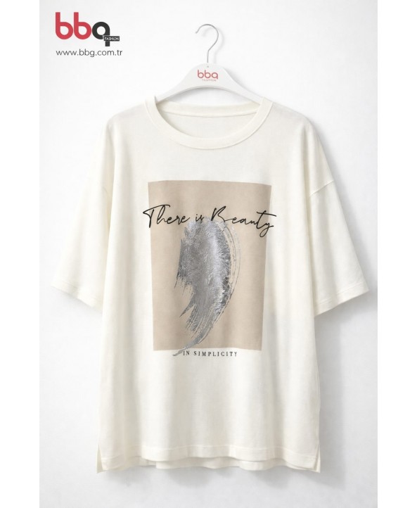 BAYAN BÜYÜK BEDEN GENİŞ KALIP BASKILI %100 PAMUK T-SHIRT