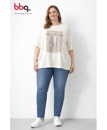 BAYAN BÜYÜK BEDEN GENİŞ KALIP BASKILI %100 PAMUK T-SHIRT
