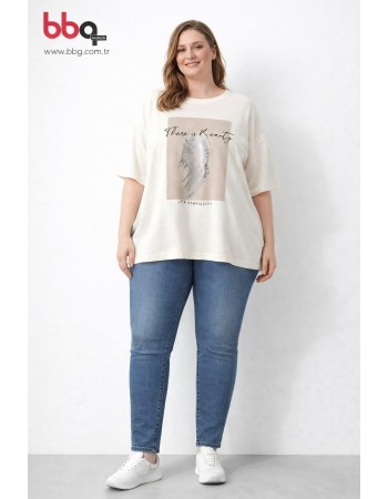 BAYAN BÜYÜK BEDEN GENİŞ KALIP BASKILI %100 PAMUK T-SHIRT