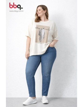 BAYAN BÜYÜK BEDEN GENİŞ KALIP BASKILI %100 PAMUK T-SHIRT