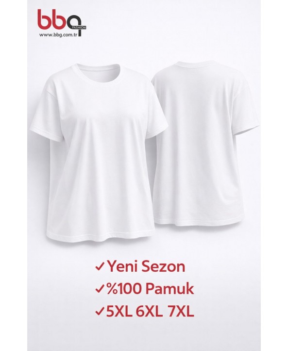 BAYAN BÜYÜK BEDEN GENİŞ KALIP %100 PAMUK YUVARLAK YAKA T-SHIRT-B