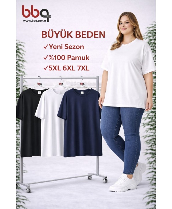 BAYAN BÜYÜK BEDEN GENİŞ KALIP %100 PAMUK YUVARLAK YAKA T-SHIRT-B