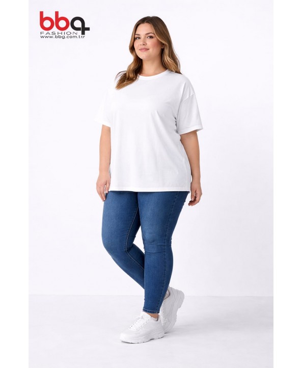 BAYAN BÜYÜK BEDEN GENİŞ KALIP %100 PAMUK YUVARLAK YAKA T-SHIRT-B