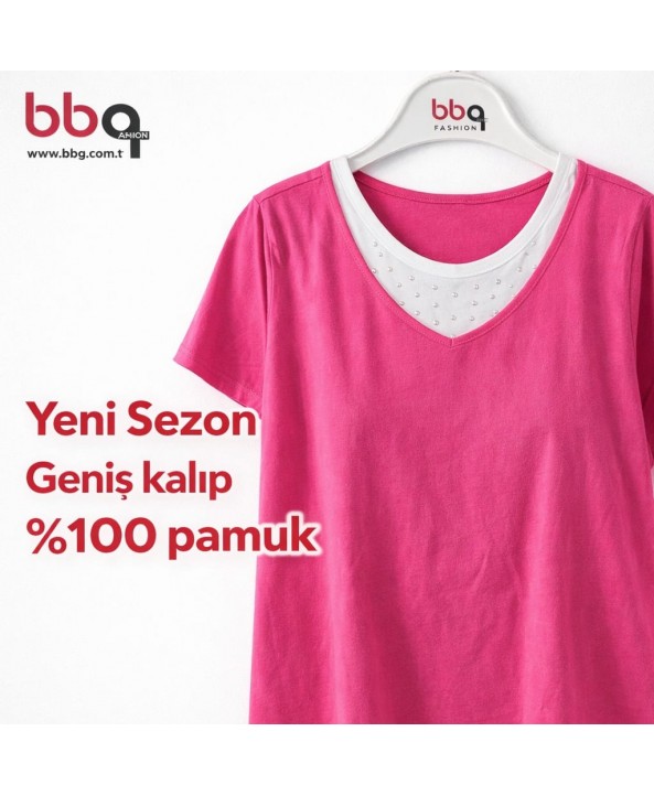  BAYAN BÜYÜK BEDEN GENİŞ KALIP YAKASI TAŞ DETAYLI % 100 PAMUK T-SHIRT-F