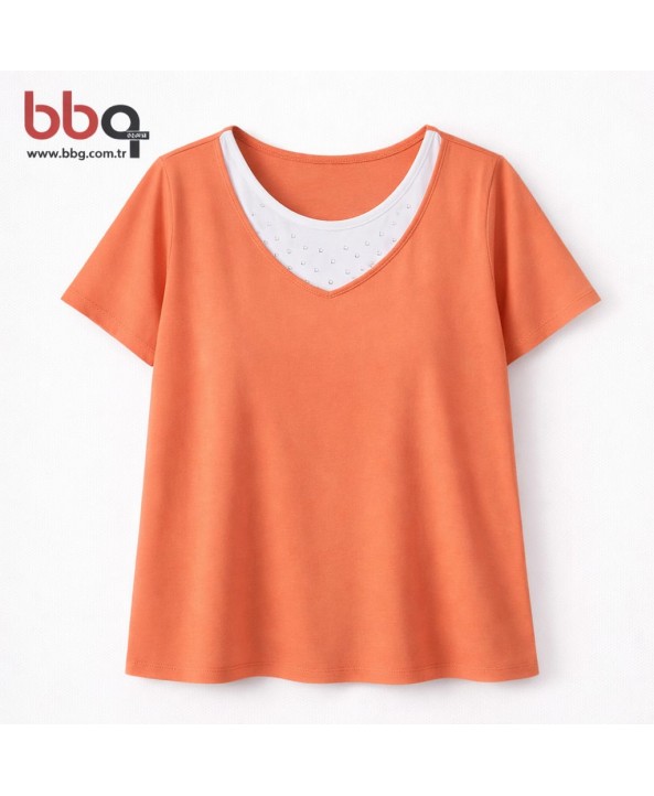 BAYAN BÜYÜK BEDEN GENİŞ KALIP YAKASI TAŞ DETAYLI % 100 PAMUK T-SHIRT-O