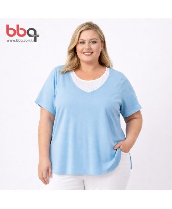 BAYAN BÜYÜK BEDEN GENİŞ KALIP YAKASI TAŞ DETAYLI % 100 PAMUK T-SHIRT-M