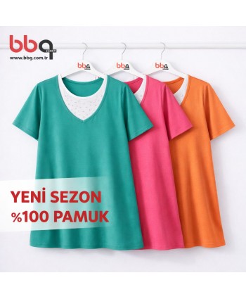 BAYAN BÜYÜK BEDEN GENİŞ KALIP YAKASI TAŞ DETAYLI % 100 PAMUK T-SHIRT-O