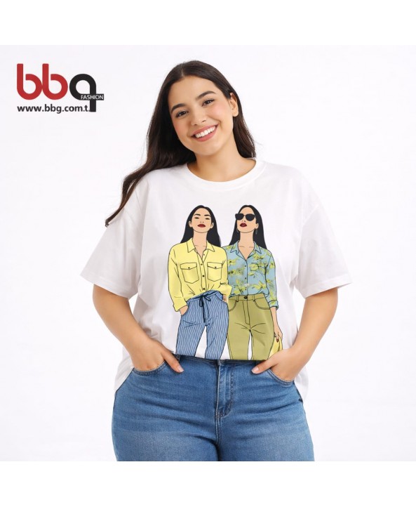 BAYAN BÜYÜK BEDEN GENİŞ KALIP %100 PAMUK KIZ BASKILI T-SHIRT