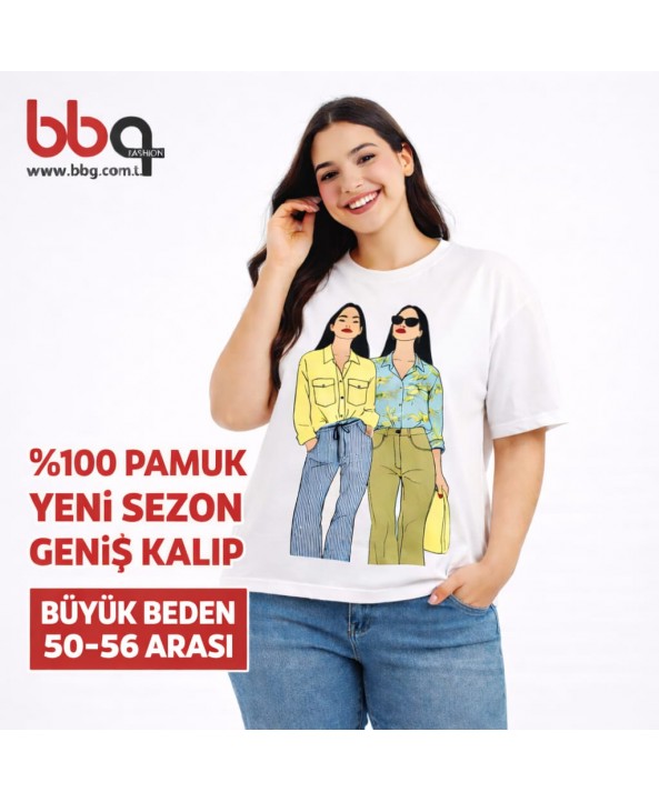 BAYAN BÜYÜK BEDEN GENİŞ KALIP %100 PAMUK KIZ BASKILI T-SHIRT