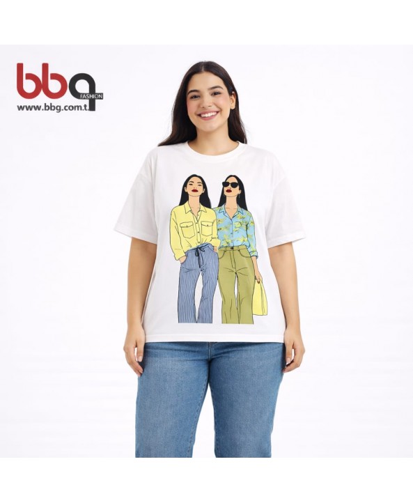 BAYAN BÜYÜK BEDEN GENİŞ KALIP %100 PAMUK KIZ BASKILI T-SHIRT