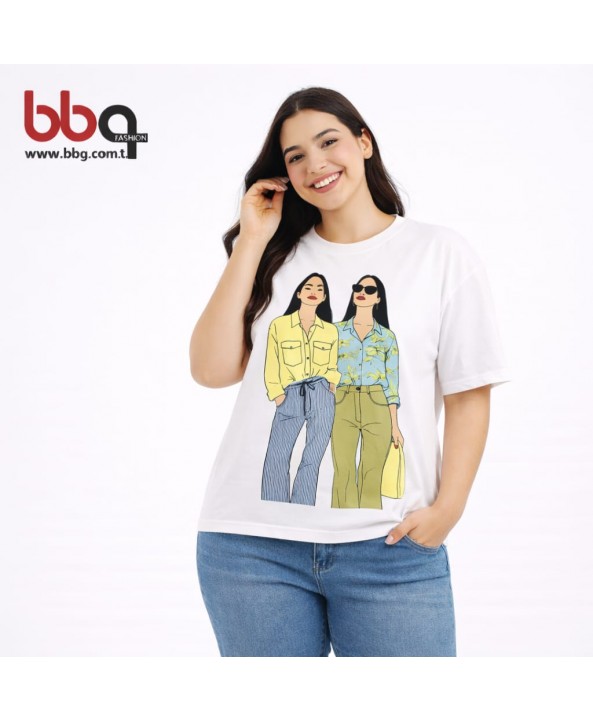 BAYAN BÜYÜK BEDEN GENİŞ KALIP %100 PAMUK KIZ BASKILI T-SHIRT
