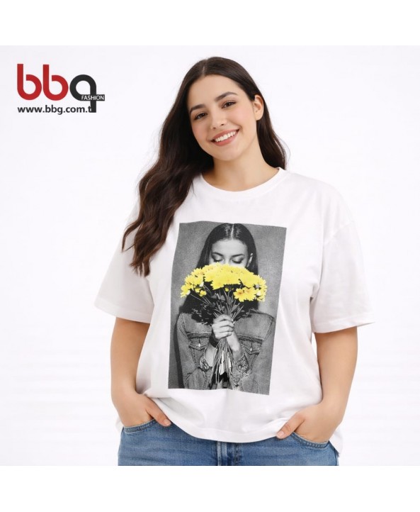 BAYAN BÜYÜK BEDEN GENİŞ KALIP % 100 PAMUK BASKILI T-SHIRT