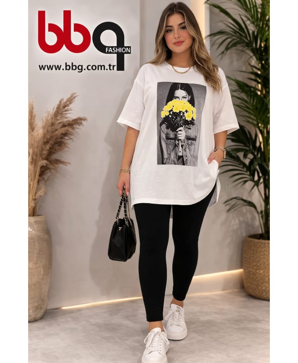 BAYAN BÜYÜK BEDEN GENİŞ KALIP % 100 PAMUK BASKILI T-SHIRT